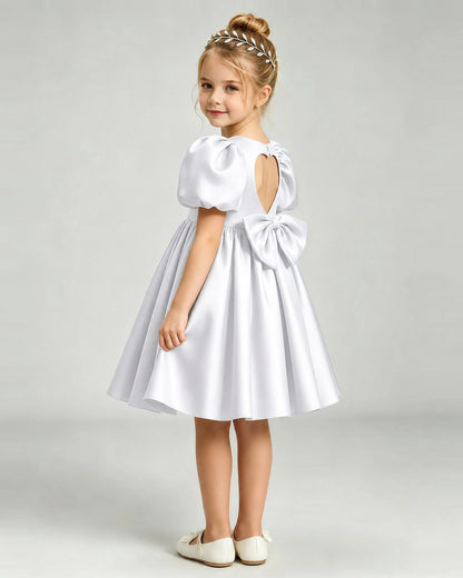 White Flower Girl Dress Puff Sleeve Heart Cutout Satin A-Line Knee-Length Gown Side Full View