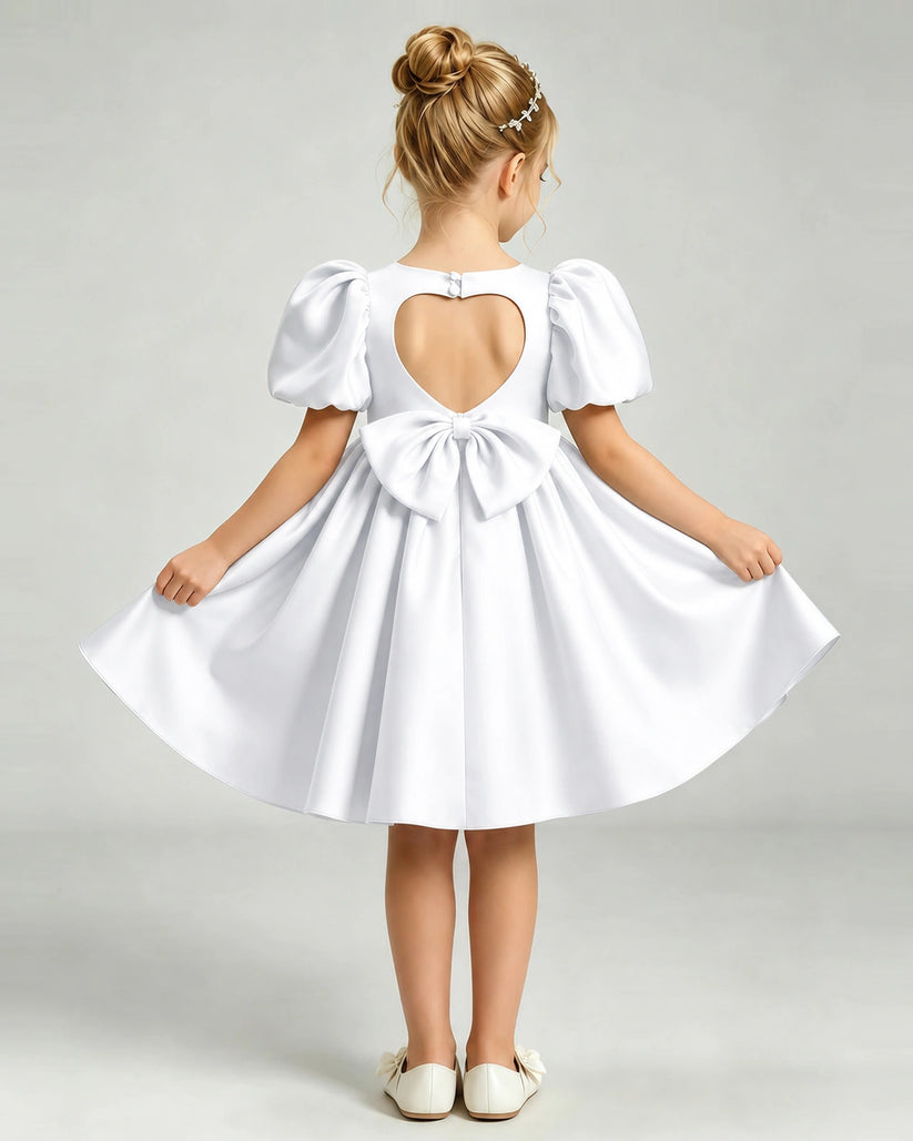 White Satin A-line Flower Girl Dress Back View