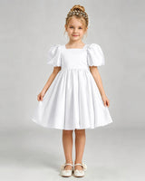 White Satin A-line Flower Girl Dress Front View