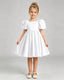 White Flower Girl Dress Puff Sleeve Heart Cutout Satin A-Line Knee-Length Gown Front Full View