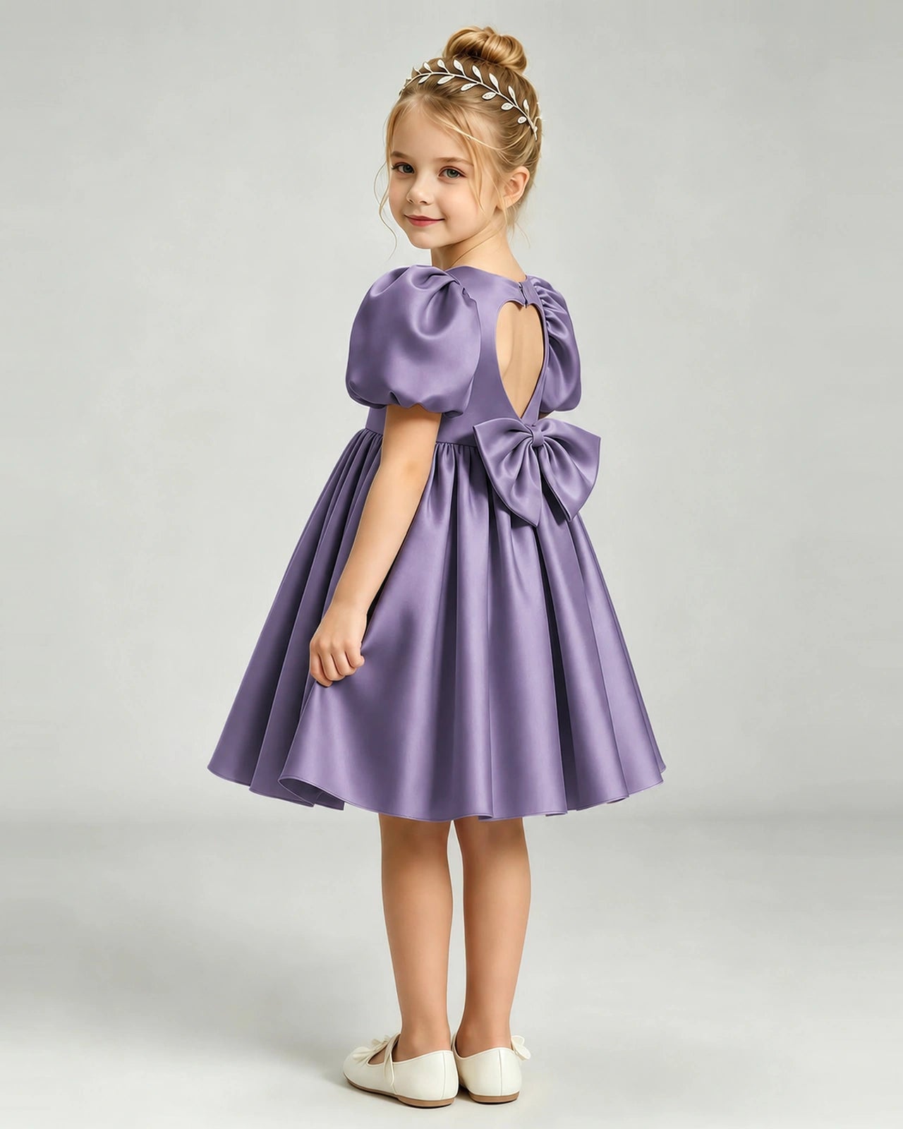 Wisteria Flower Girl Dress Puff Sleeve Heart Cutout Satin A-Line Knee-Length Gown Side Full View