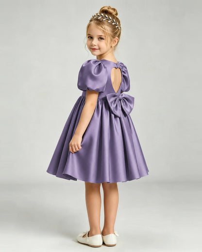 Wisteria Flower Girl Dress Puff Sleeve Heart Cutout Satin A-Line Knee-Length Gown Side Full View