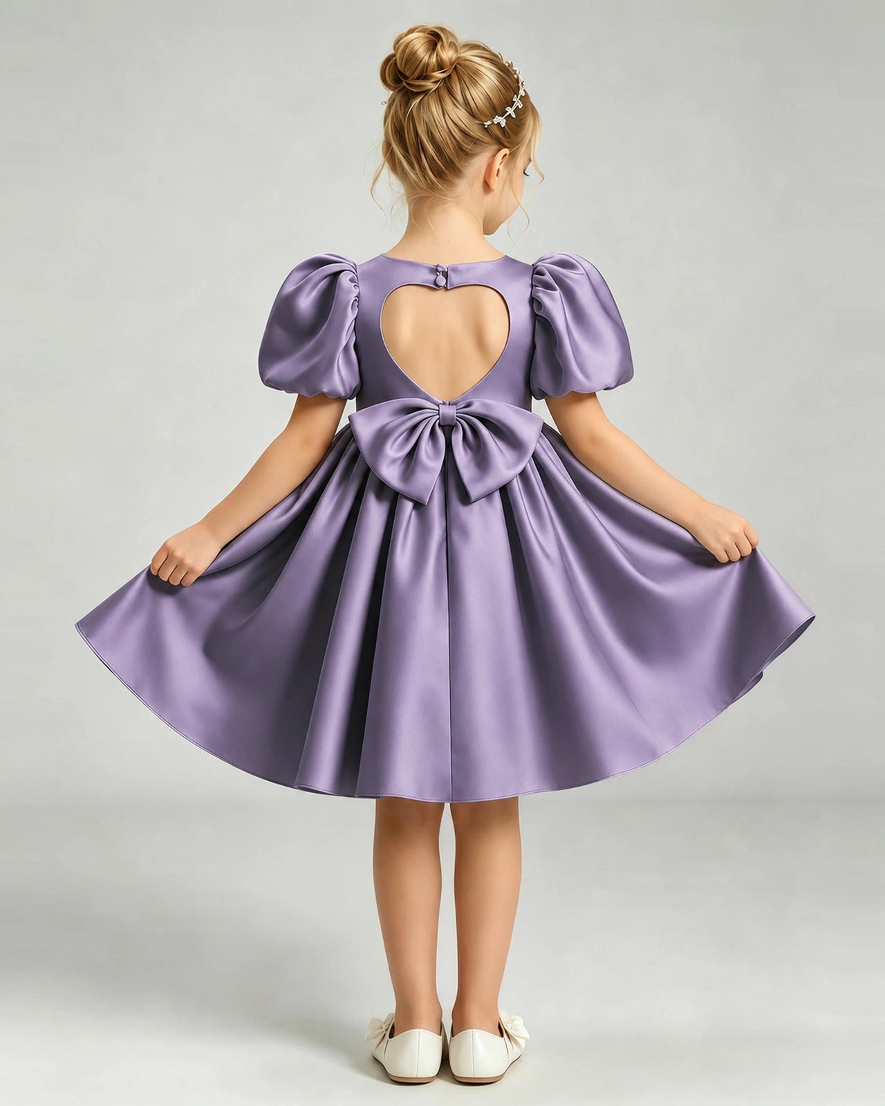 Wisteria Flower Girl Dress Puff Sleeve Heart Cutout Satin A-Line Knee-Length Gown Back Full View