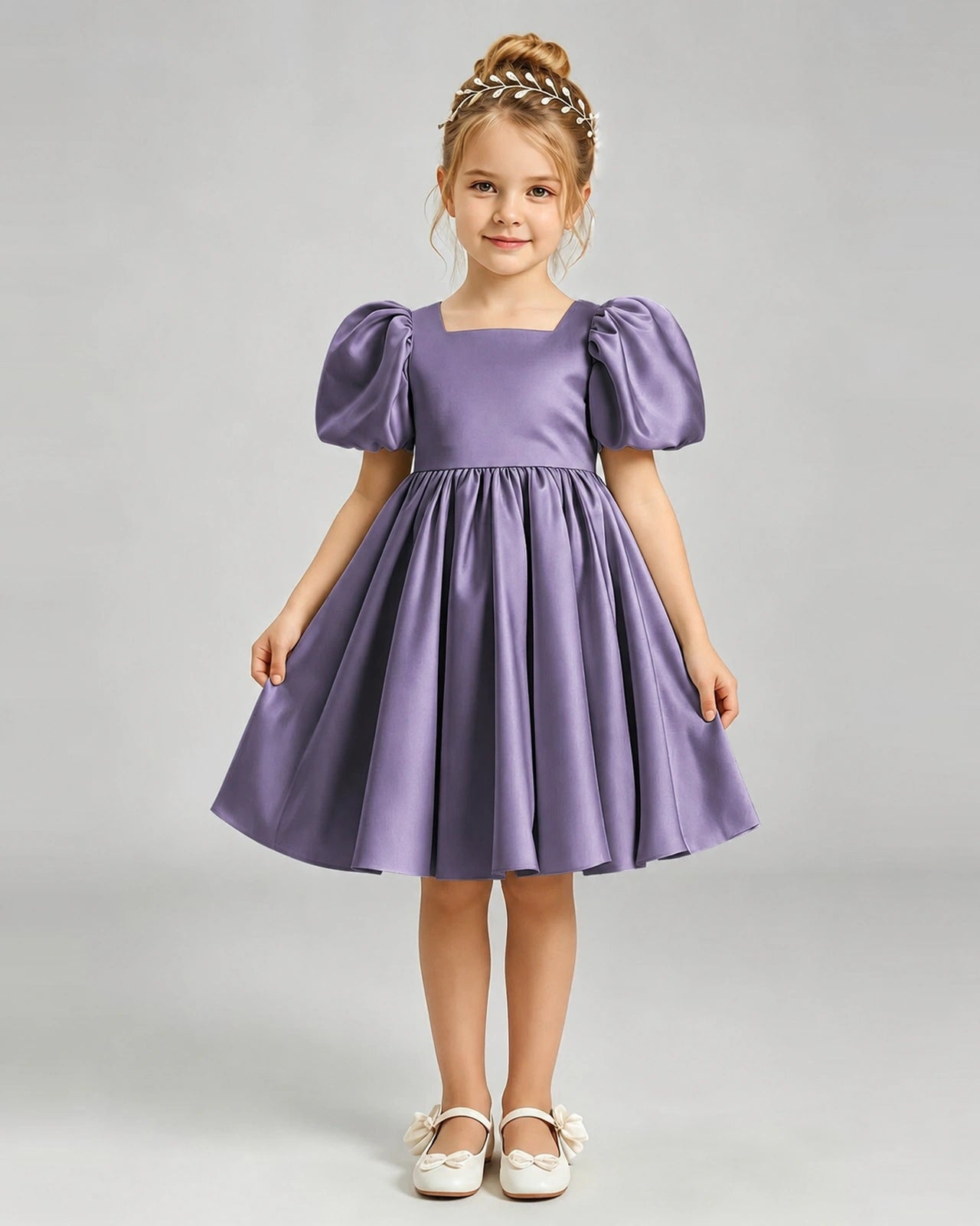 Wisteria Flower Girl Dress Puff Sleeve Heart Cutout Satin A-Line Knee-Length Gown Front Full View