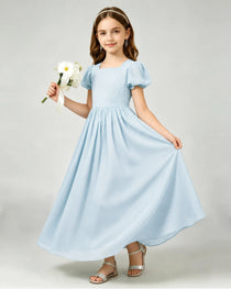 Baby Blue Junior Bridesmaid Dress Puff Sleeve Chiffon Self-Tie Bow A-Line Floor-Length Gown Side Full View