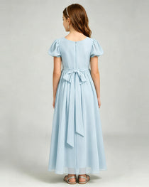 Baby Blue Junior Bridesmaid Dress Puff Sleeve Chiffon Self-Tie Bow A-Line Floor-Length Gown Back Full View