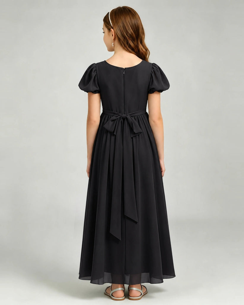 Black Chiffon A-line Junior Bridesmaid Dress Back View