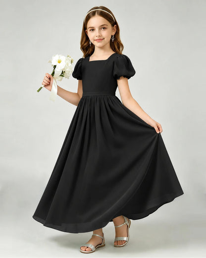 Black Junior Bridesmaid Dress Puff Sleeve Chiffon Self-Tie Bow A-Line Floor-Length Gown Side Full View