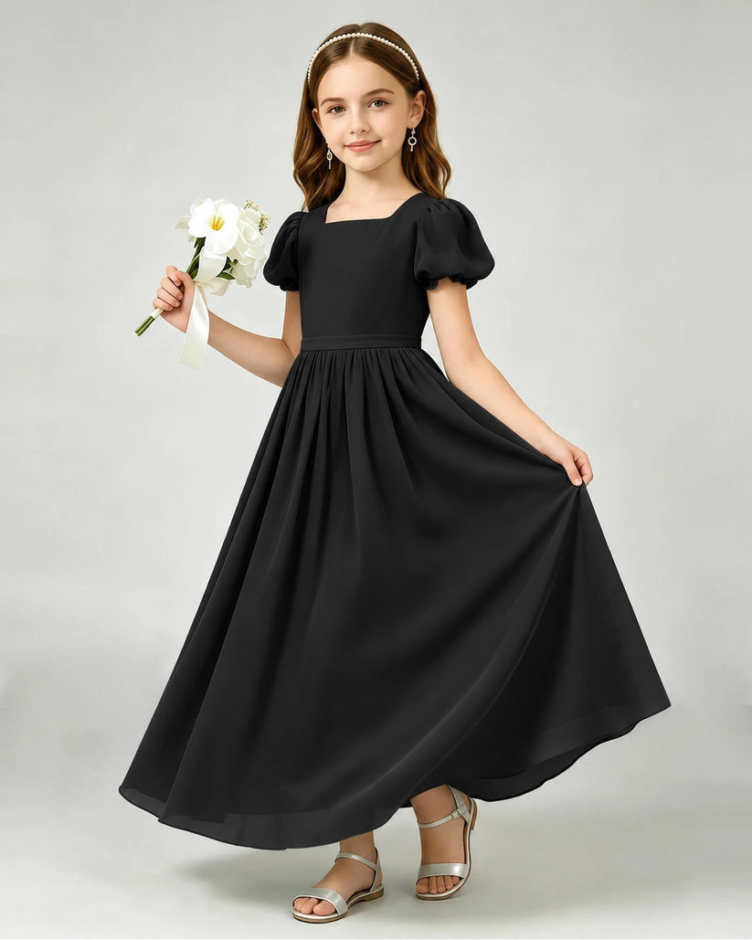 Black Chiffon A-line Junior Bridesmaid Dress Front View