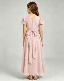 Blush Pink Junior Bridesmaid Dress Puff Sleeve Chiffon Self-Tie Bow A-Line Floor-Length Gown Back Full View