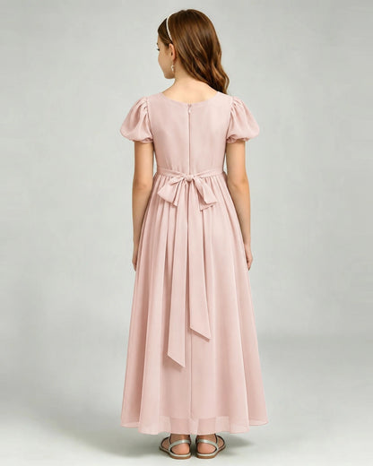 Blush Pink Junior Bridesmaid Dress Puff Sleeve Chiffon Self-Tie Bow A-Line Floor-Length Gown Back Full View