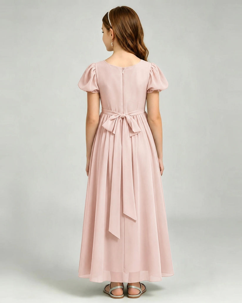 Blush Pink Chiffon A-line Junior Bridesmaid Dress Back View