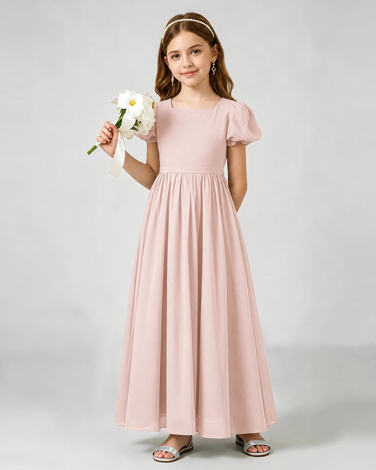 Blush Pink Junior Bridesmaid Dress Puff Sleeve Chiffon Self-Tie Bow A-Line Floor-Length Gown Front Full View