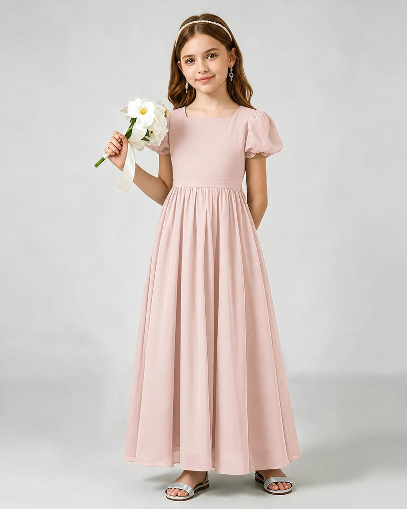 Blush Pink Chiffon A-line Junior Bridesmaid Dress Front View
