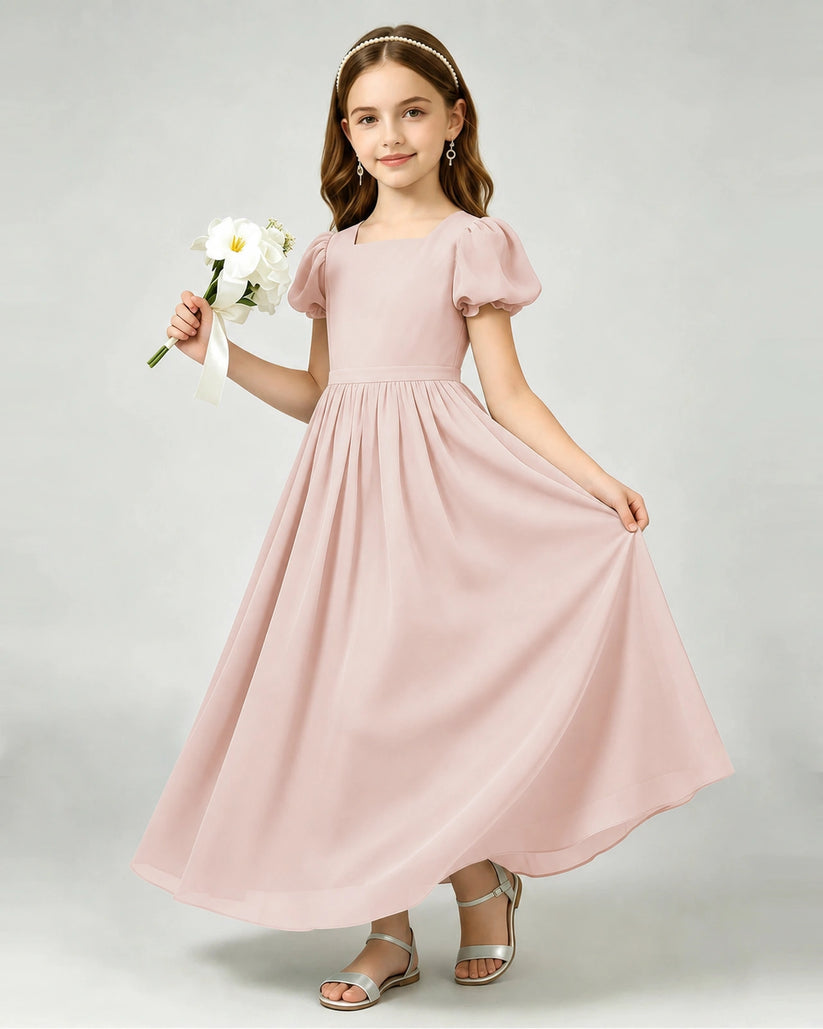Blush Pink Chiffon A-line Junior Bridesmaid Dress Front View