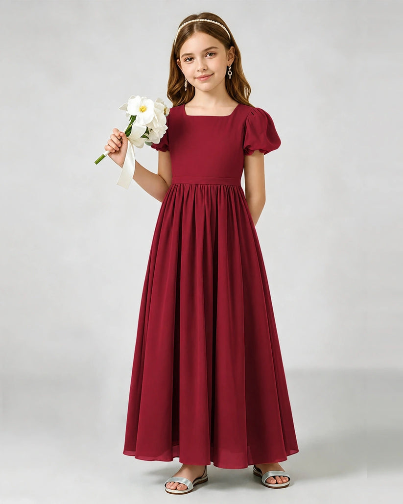 Burgundy Chiffon A-line Junior Bridesmaid Dress Front View