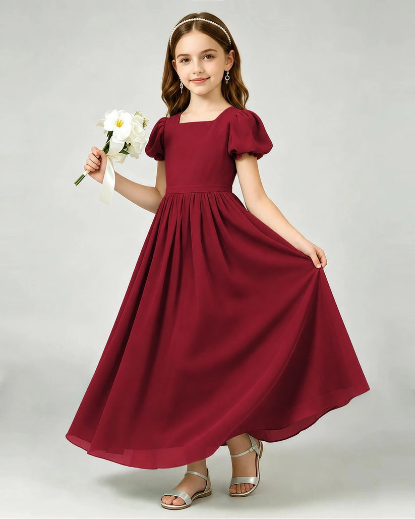 Burgundy Chiffon A-line Junior Bridesmaid Dress Front View