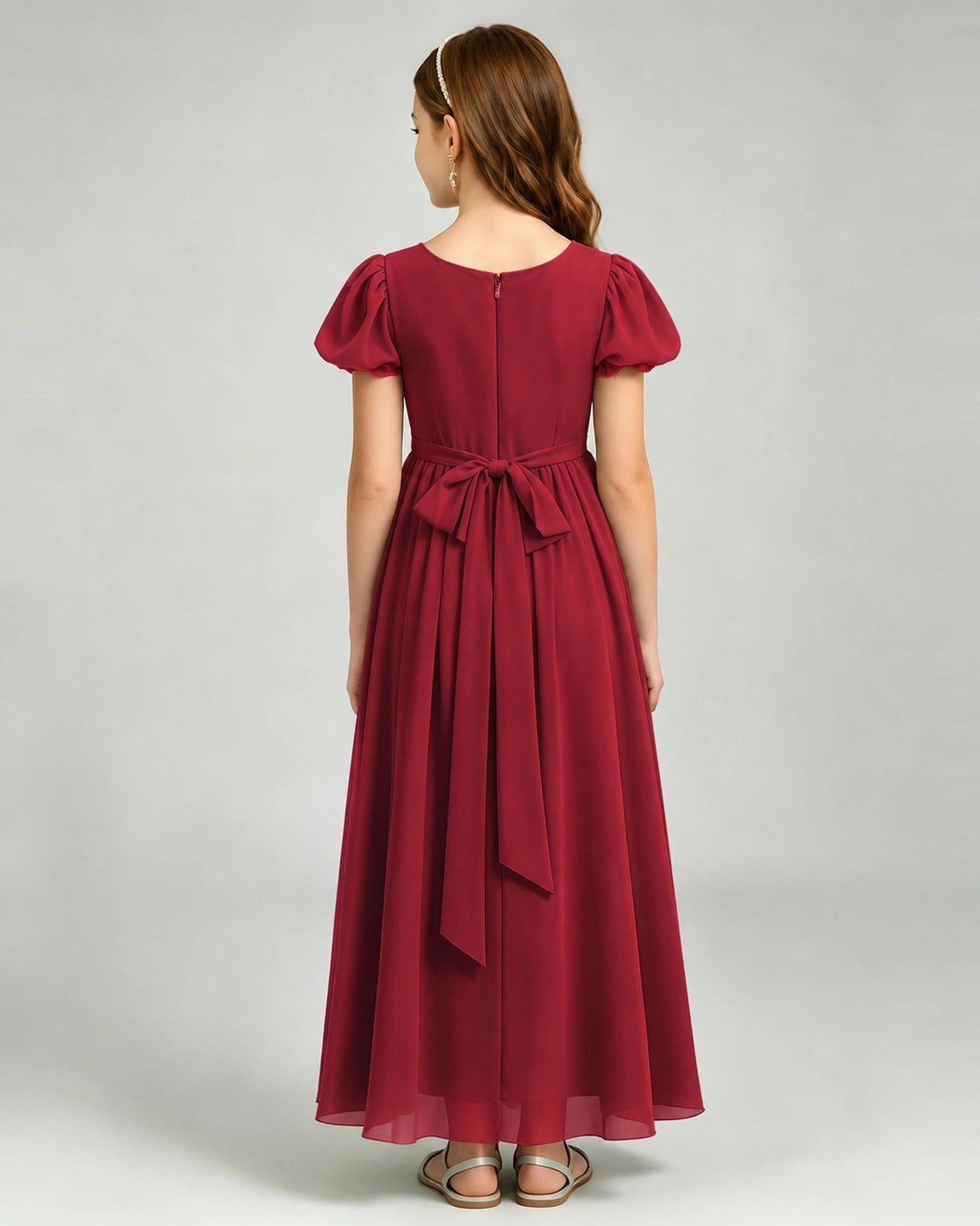 Burgundy Junior Bridesmaid Dress Puff Sleeve Chiffon Self-Tie Bow A-Line Floor-Length Gown Back Full View