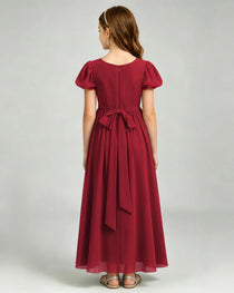 Burgundy Junior Bridesmaid Dress Puff Sleeve Chiffon Self-Tie Bow A-Line Floor-Length Gown Back Full View