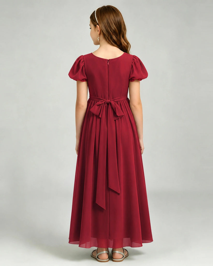 Burgundy Chiffon A-line Junior Bridesmaid Dress Back View