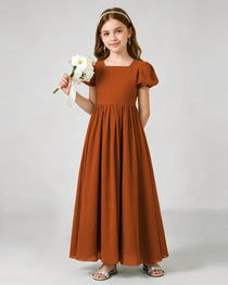 Burnt Orange Junior Bridesmaid Dress Puff Sleeve Chiffon Self-Tie Bow A-Line Floor-Length Gown Front Full View