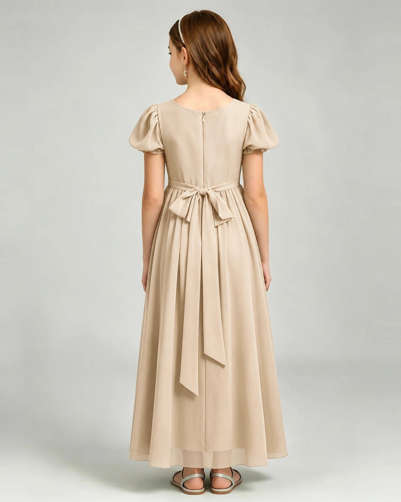 Champagne Junior Bridesmaid Dress Puff Sleeve Chiffon Self-Tie Bow A-Line Floor-Length Gown Back Full View