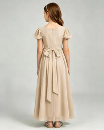 Champagne Junior Bridesmaid Dress Puff Sleeve Chiffon Self-Tie Bow A-Line Floor-Length Gown Back Full View