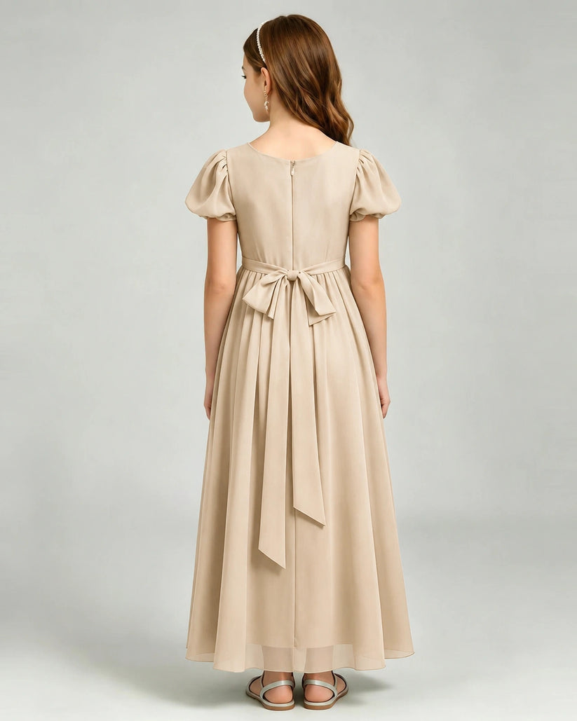Champagne Chiffon A-line Junior Bridesmaid Dress Back View