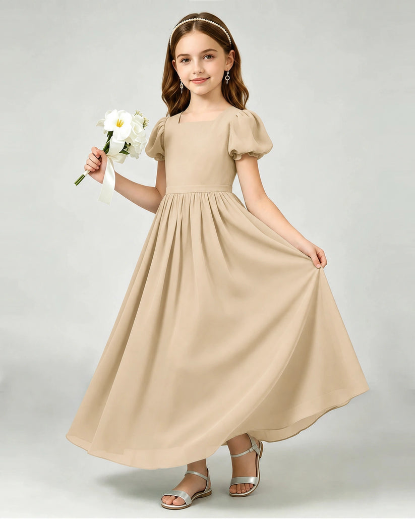 Champagne Chiffon A-line Junior Bridesmaid Dress Front View
