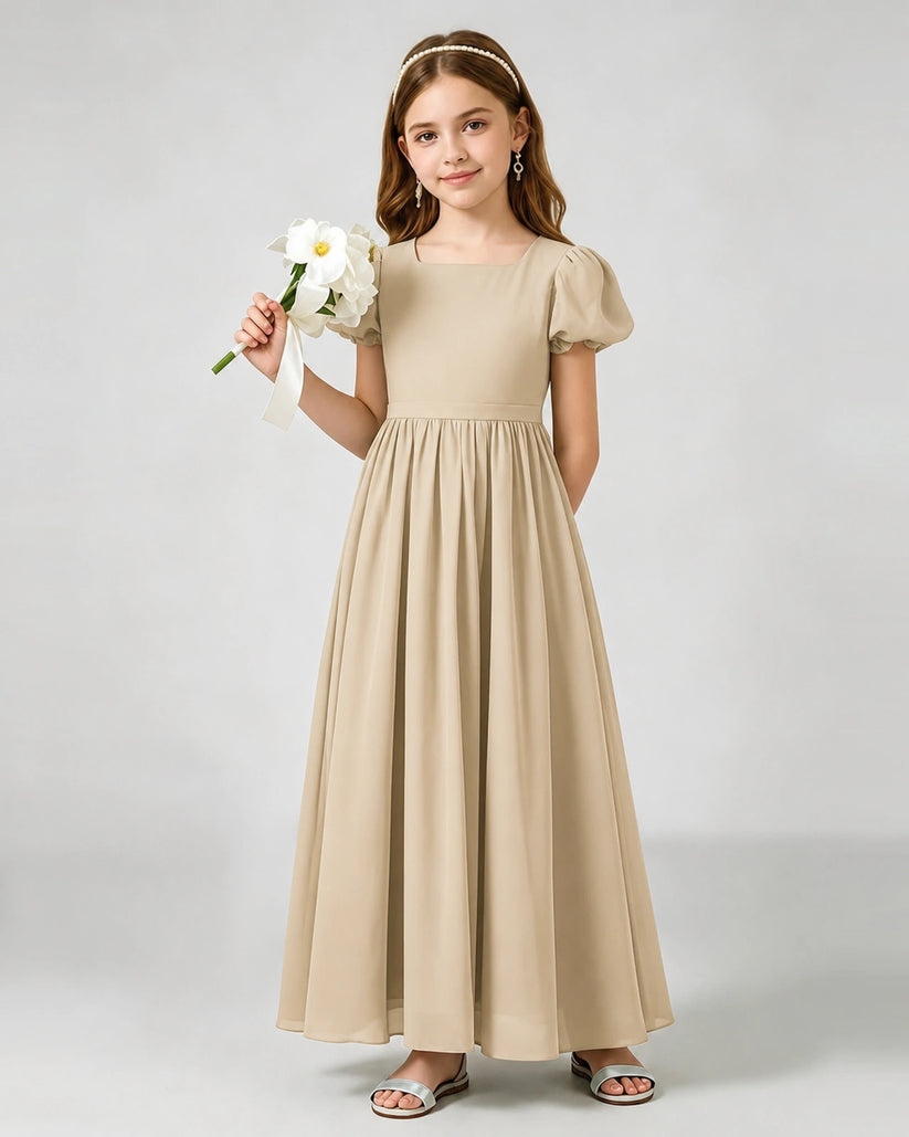 Champagne Chiffon A-line Junior Bridesmaid Dress Front View