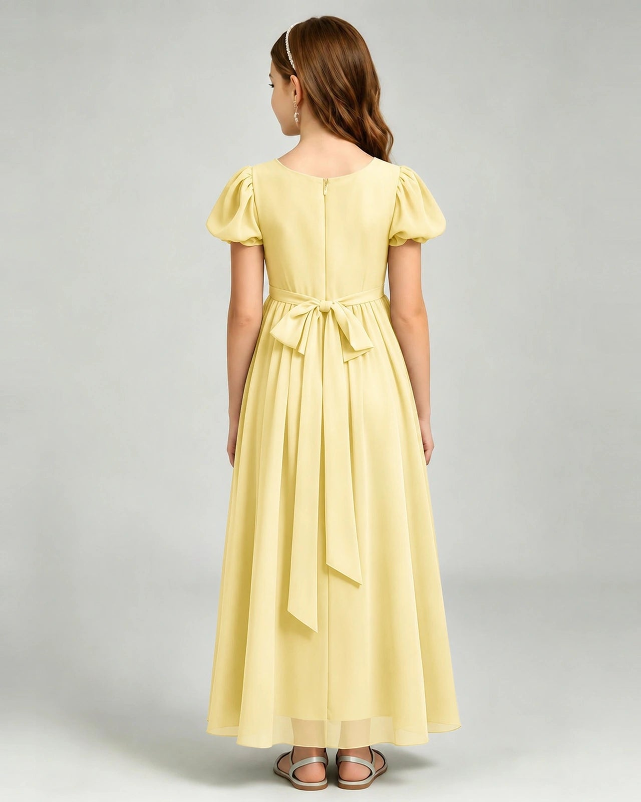 Daffodil Junior Bridesmaid Dress Puff Sleeve Chiffon Self-Tie Bow A-Line Floor-Length Gown Back Full View