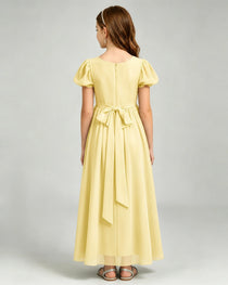 Daffodil Junior Bridesmaid Dress Puff Sleeve Chiffon Self-Tie Bow A-Line Floor-Length Gown Back Full View