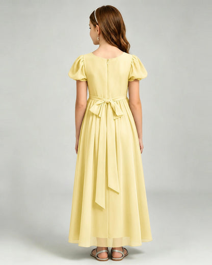 Daffodil Junior Bridesmaid Dress Puff Sleeve Chiffon Self-Tie Bow A-Line Floor-Length Gown Back Full View