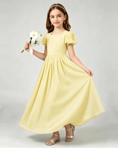 Daffodil Junior Bridesmaid Dress Puff Sleeve Chiffon Self-Tie Bow A-Line Floor-Length Gown Front Full View