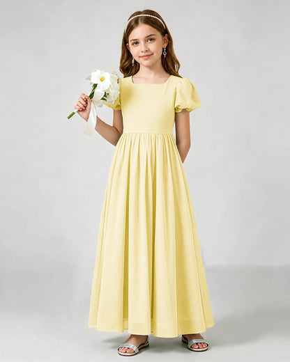 Daffodil Junior Bridesmaid Dress Puff Sleeve Chiffon Self-Tie Bow A-Line Floor-Length Gown Front Full View