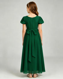 Dark Green Junior Bridesmaid Dress Puff Sleeve Chiffon Self-Tie Bow A-Line Floor-Length Gown Back Full View