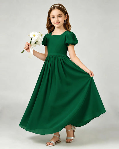 Dark Green Junior Bridesmaid Dress Puff Sleeve Chiffon Self-Tie Bow A-Line Floor-Length Gown Front Full View
