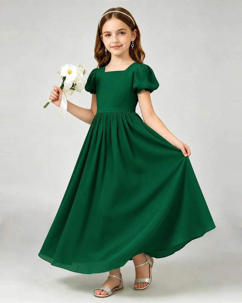 Dark Green Chiffon A-line Junior Bridesmaid Dress Front View