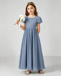Dusty Blue Junior Bridesmaid Dress Puff Sleeve Chiffon Self-Tie Bow A-Line Floor-Length Gown Front Full View