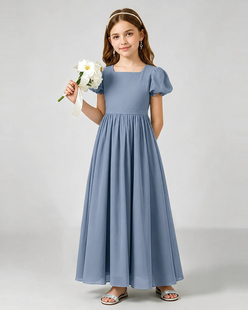 Dusty Blue Chiffon A-line Junior Bridesmaid Dress Front View