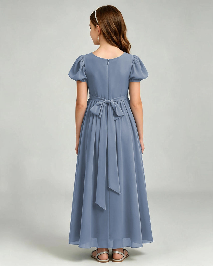 Dusty Blue Chiffon A-line Junior Bridesmaid Dress Back View