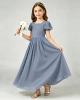 Dusty Blue Chiffon A-line Junior Bridesmaid Dress Front View