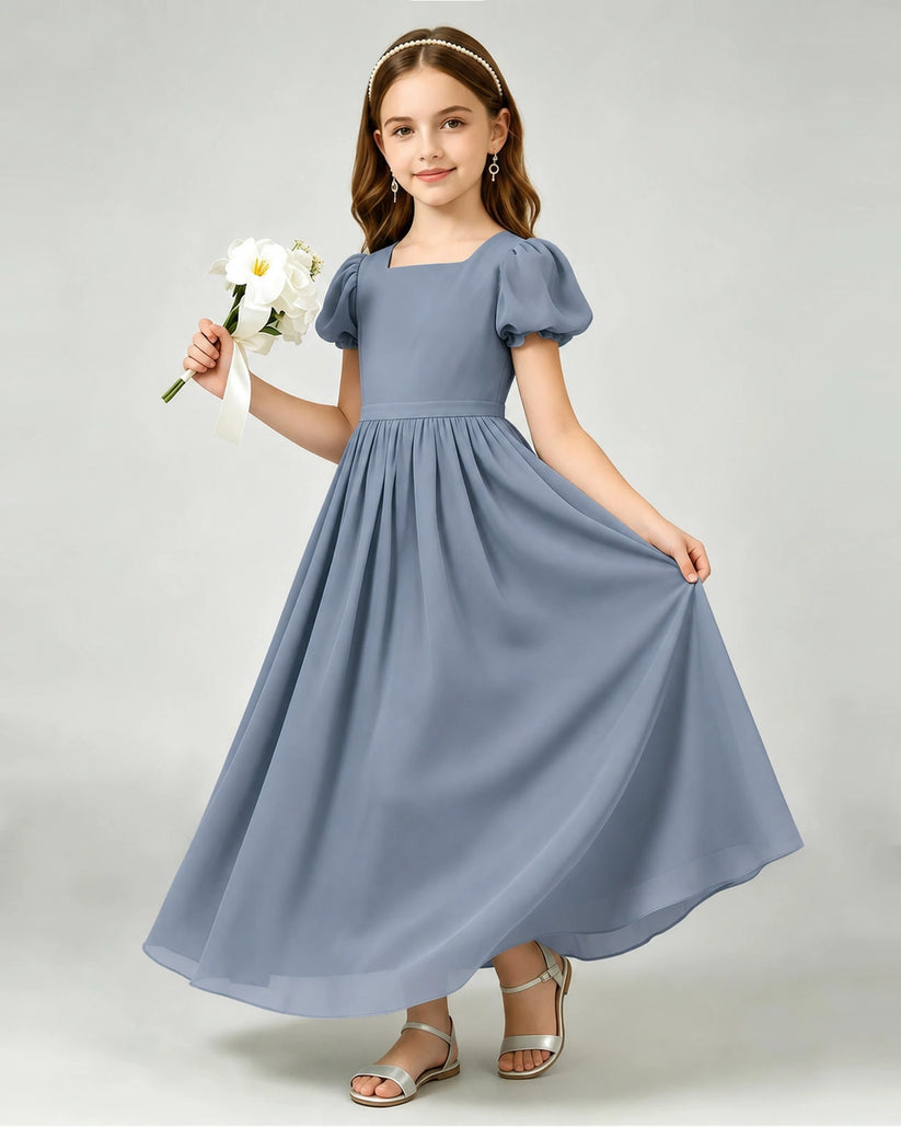 Dusty Blue Chiffon A-line Junior Bridesmaid Dress Front View