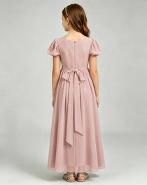 Dusty Rose Junior Bridesmaid Dress Puff Sleeve Chiffon Self-Tie Bow A-Line Floor-Length Gown Back Full View