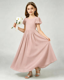 Dusty Rose Junior Bridesmaid Dress Puff Sleeve Chiffon Self-Tie Bow A-Line Floor-Length Gown Front Full View