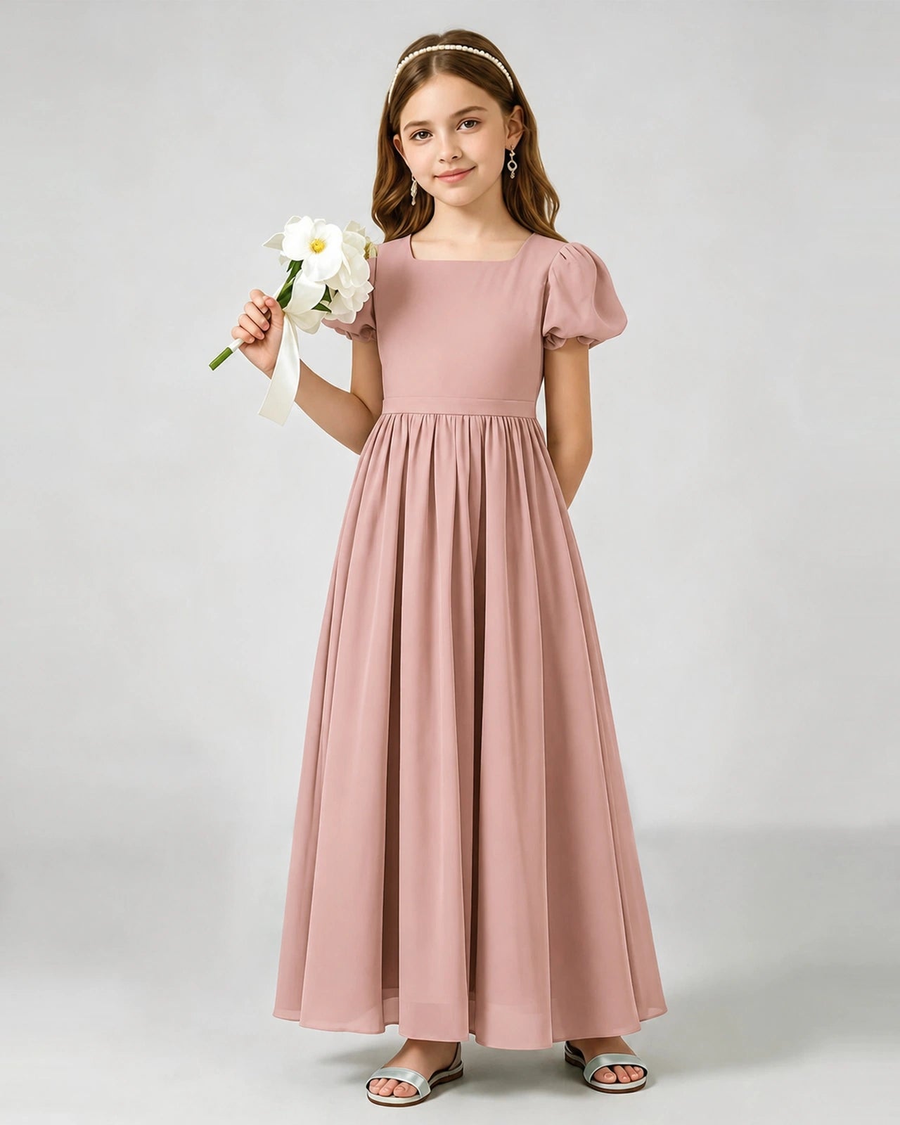 Dusty Rose Junior Bridesmaid Dress Puff Sleeve Chiffon Self-Tie Bow A-Line Floor-Length Gown Front Full View