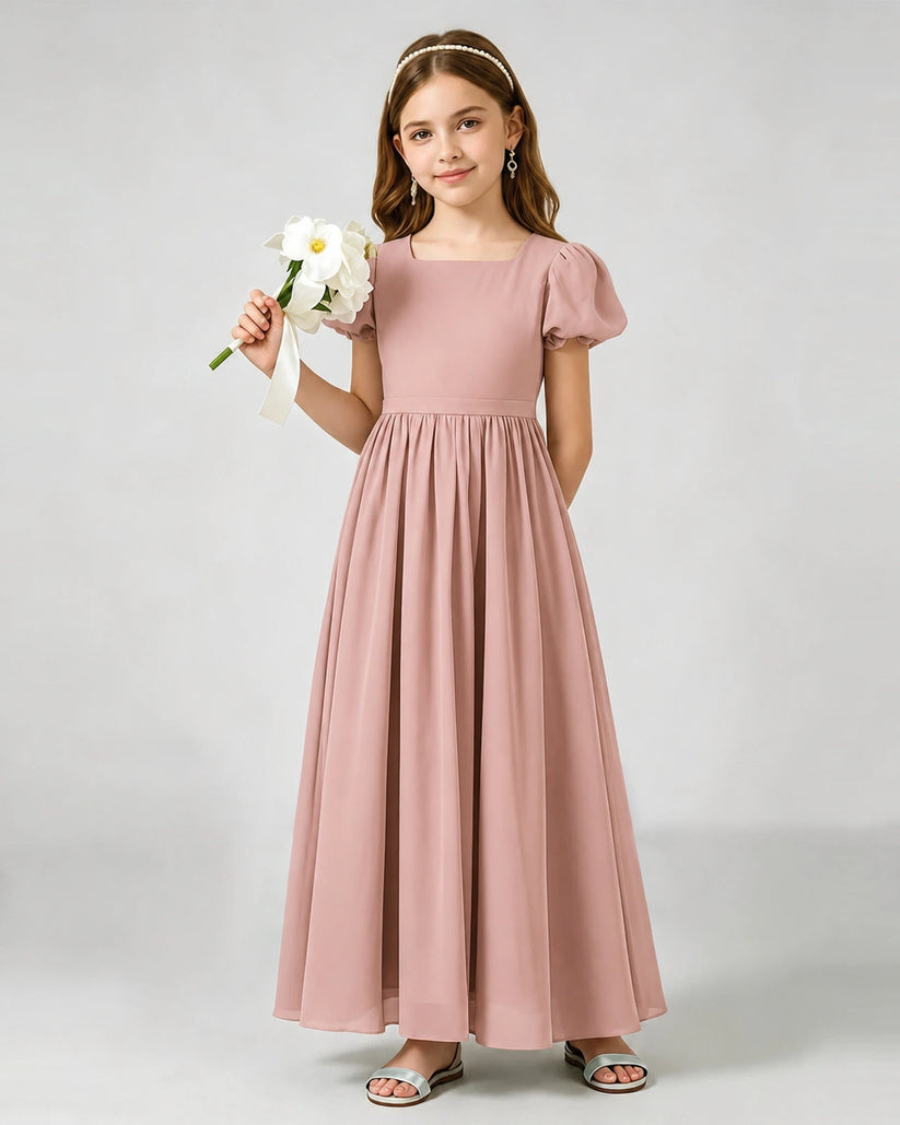 Dusty Rose Chiffon A-line Junior Bridesmaid Dress Front View