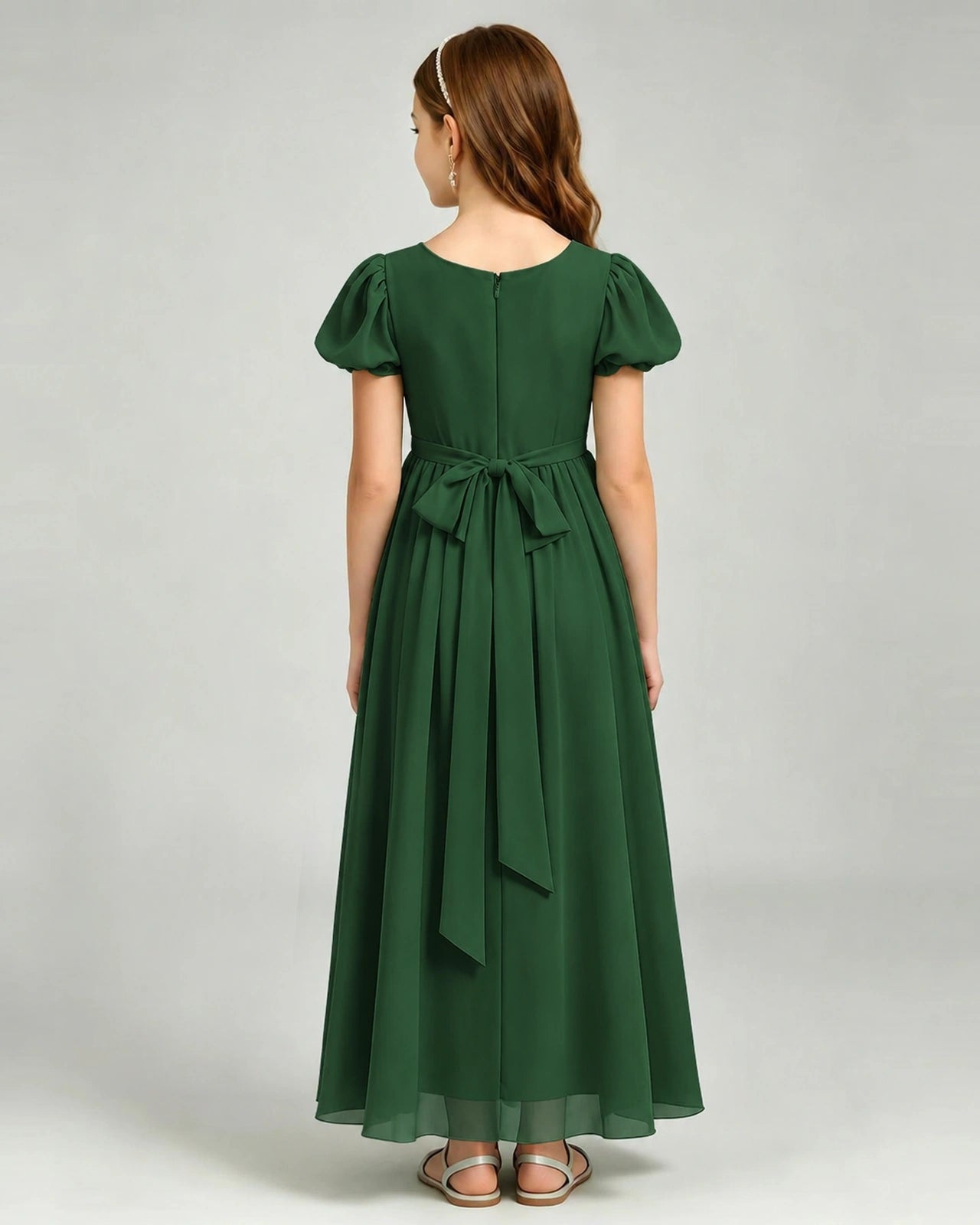 Emerald GreenJunior Bridesmaid Dress Puff Sleeve Chiffon Self-Tie Bow A-Line Floor-Length Gown Back Full View