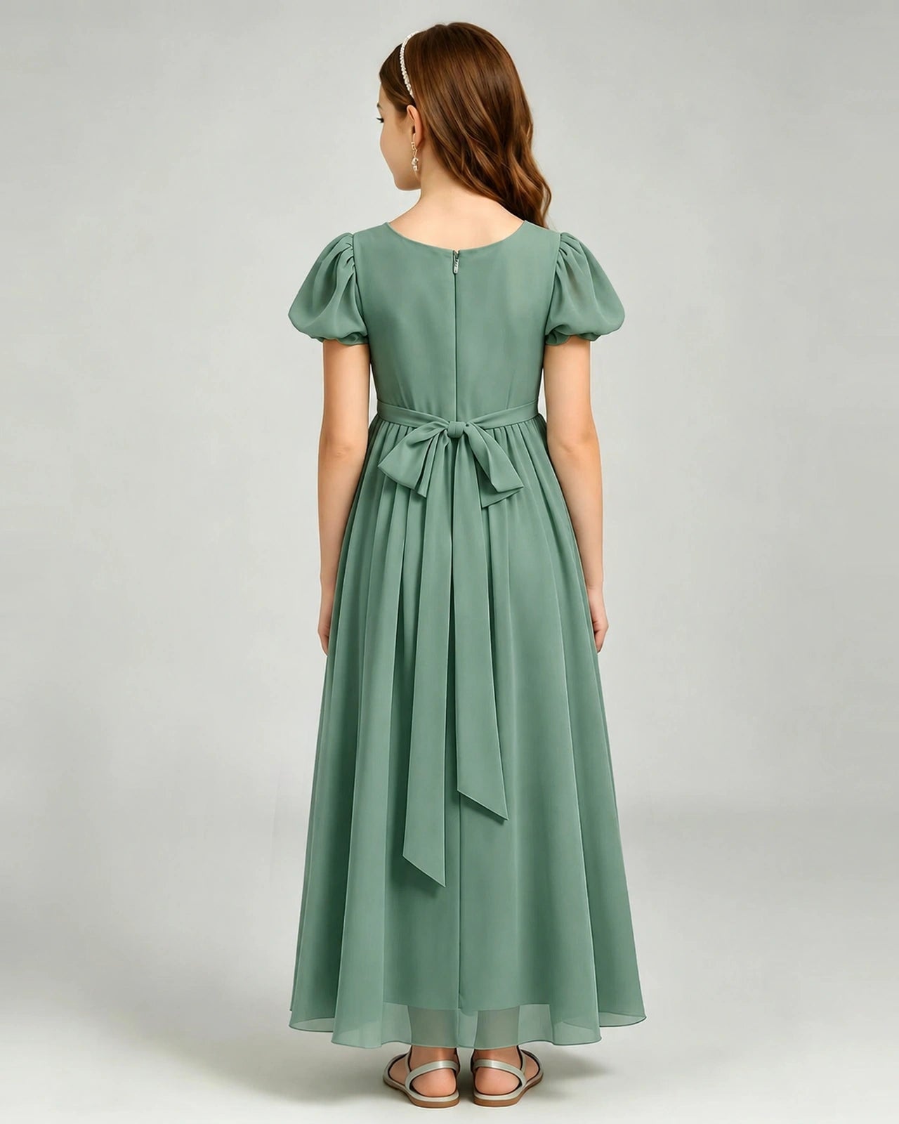 Eucalyptus Junior Bridesmaid Dress Puff Sleeve Chiffon Self-Tie Bow A-Line Floor-Length Gown Back Full View