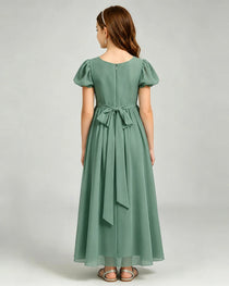 Eucalyptus Junior Bridesmaid Dress Puff Sleeve Chiffon Self-Tie Bow A-Line Floor-Length Gown Back Full View